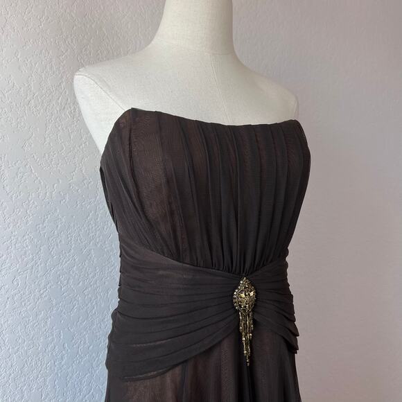 Badgley Mischka Strapless Cocktail Dress Evening Gown Chocolate Brown Tulle - Picture 11 of 15